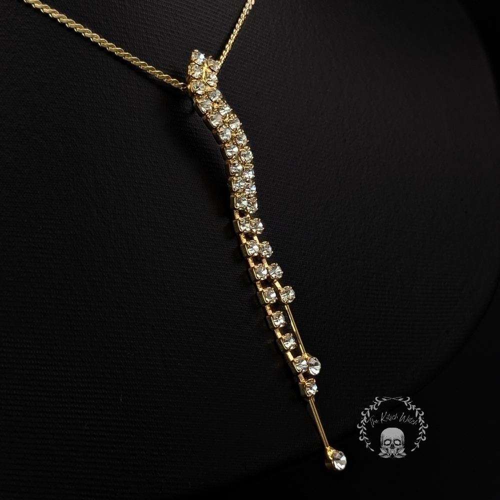 UPCYCLED Curved Rhinestone Dangle Pendant on Vintage Chain in Gold Tone